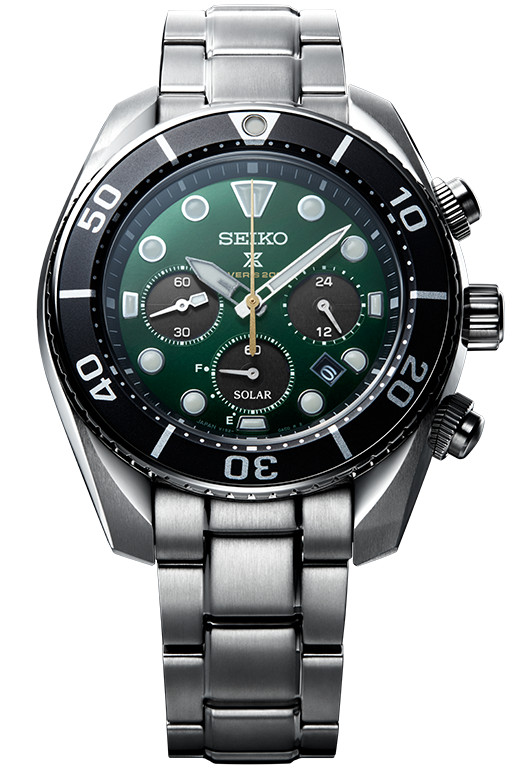 Seiko Prospex solar dive watch with black bezel, green dial, and three subdials, showcases date display, stainless steel bracelet, and push buttons.