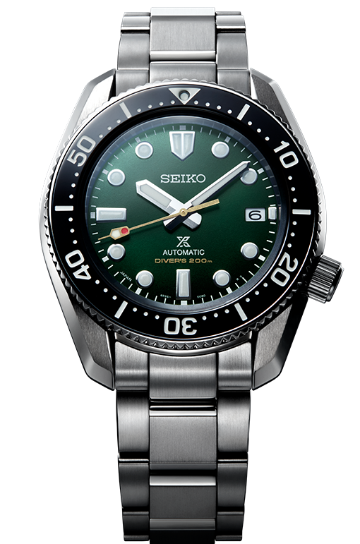 Seiko diving watch with a green dial, silver bezel, and metal bracelet