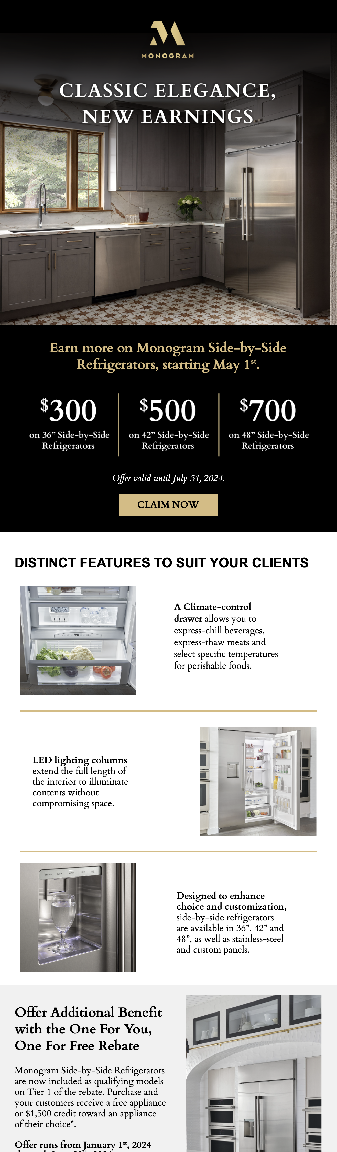 Promotional flyer for Monogram kitchen appliances. Features a modern kitchen with gray cabinets and stainless steel refrigerator. Offers discounts on side-by-side refrigerators of various sizes, starting May 1st. Highlights features like climate-control drawer, LED lighting, customizable panels, and a rebate offer.