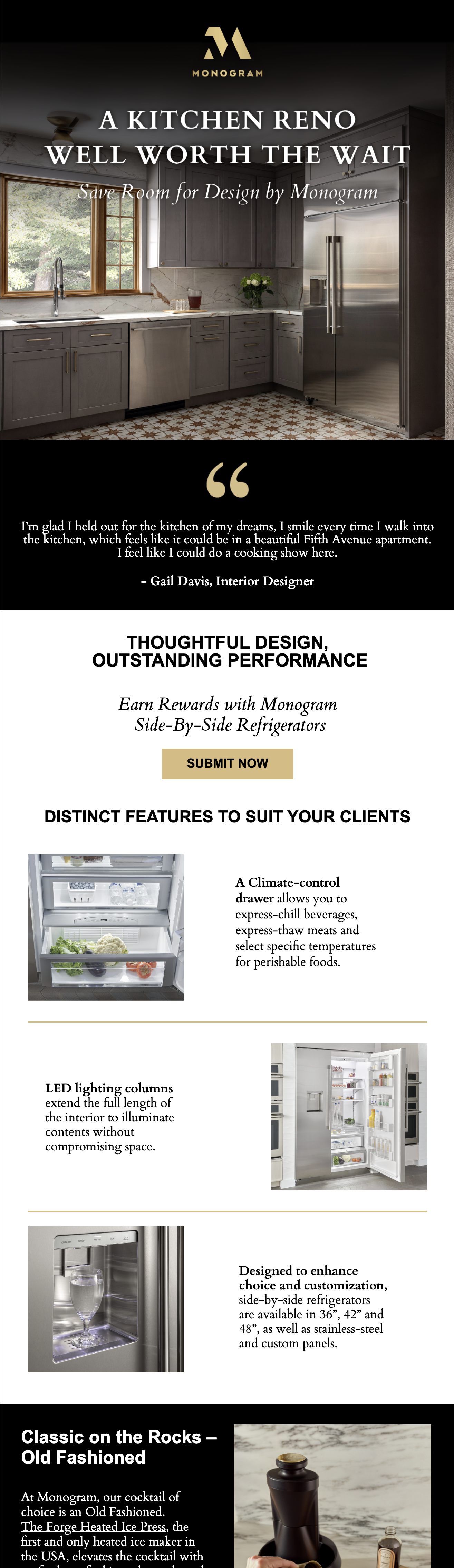 An advertisement for Monogram kitchen appliances featuring a modern kitchen with gray cabinets, stainless steel refrigerator, and a window showing greenery. The ad includes testimonials, product features like climate-control drawers, LED lighting, and customizable side-by-side refrigerators, and showcases a cocktail maker called The Forge Heated Ice Press.