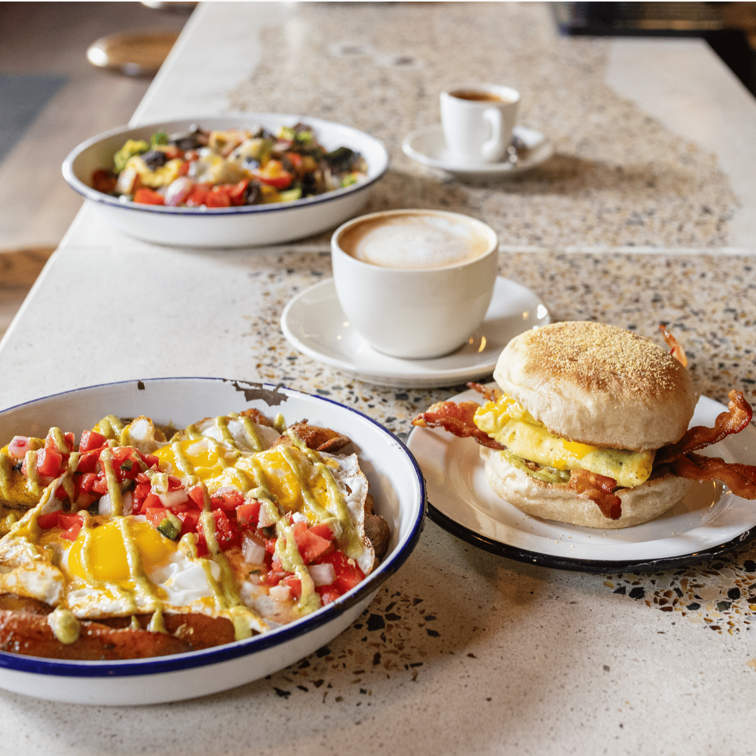 Menu items and espressos from Humble Wood Fire's Brunch Menu