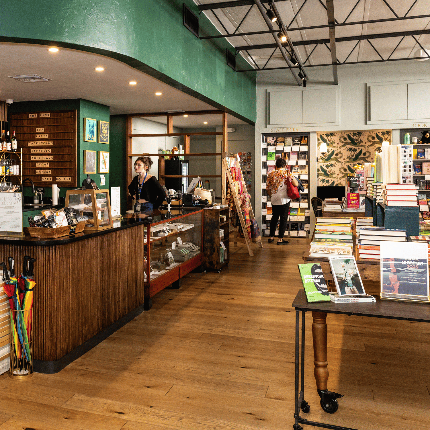 The coffee bar and books from inside The Lynx Bookstore.