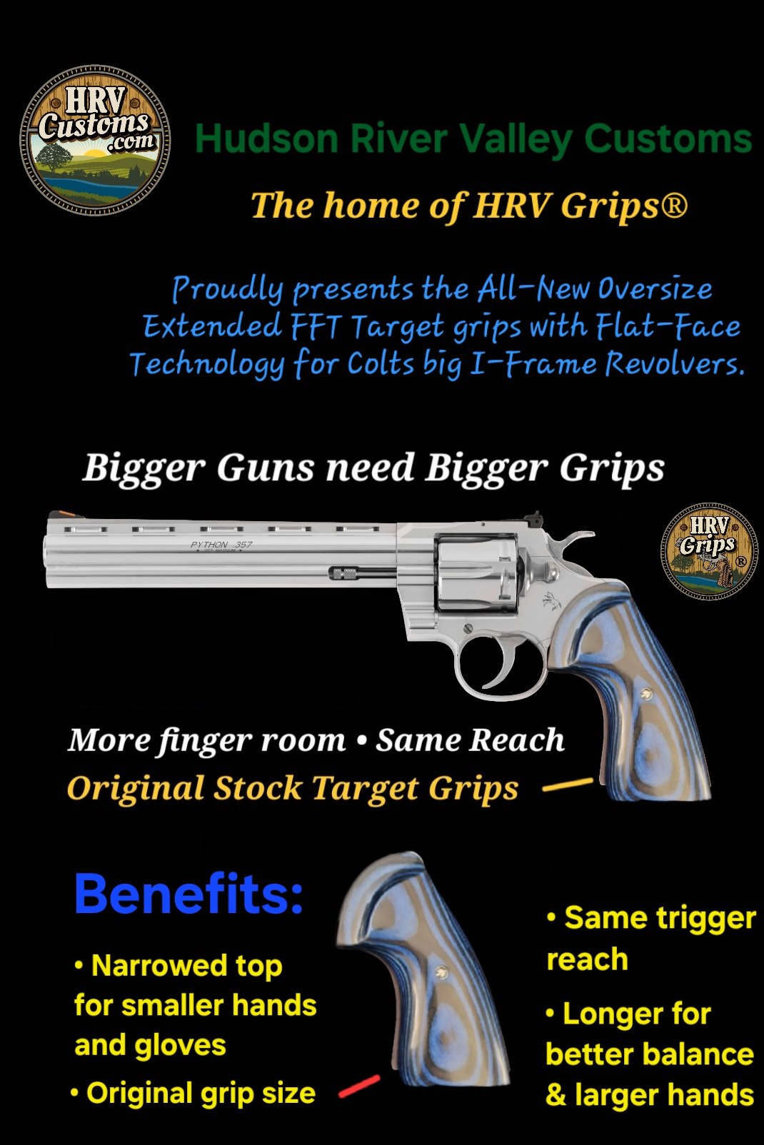 Colt Python/Anaconda Oversize Extended Target Grips Bigger guns need Bigger Grips HRV Grips® (Copy)