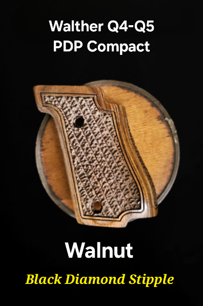 Walther Q-Series Wood Grips One Part "Basics" for Q4, Q5, & PDP Compact • Walnut Black Diamond Stipple