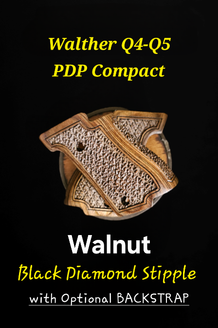 Walther Q-Series Wood Grips One Part "Basics" for Q4, Q5, & PDP Compact • Black Diamond Stipple & Backstrap