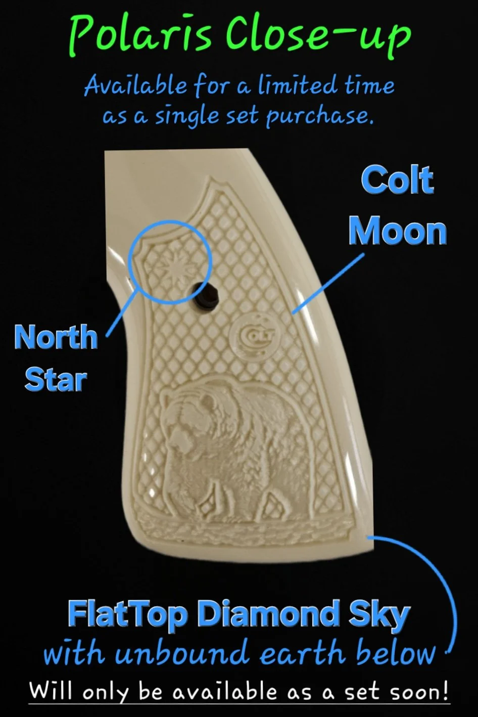 Colt Grizzly/Kodiak 2024+ FFT Oversize Extended Target Grips "Polaris" FlatTop Diamonds "Moonlight Stroll Series" • Close-up
