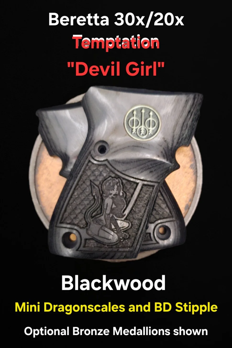Beretta 30x/20x Tomcat/Bobcat Grips Dragonscale/BD Stipple with inset "Devil Gril" Optional Custom Trident Logos or Medallions • All Colors