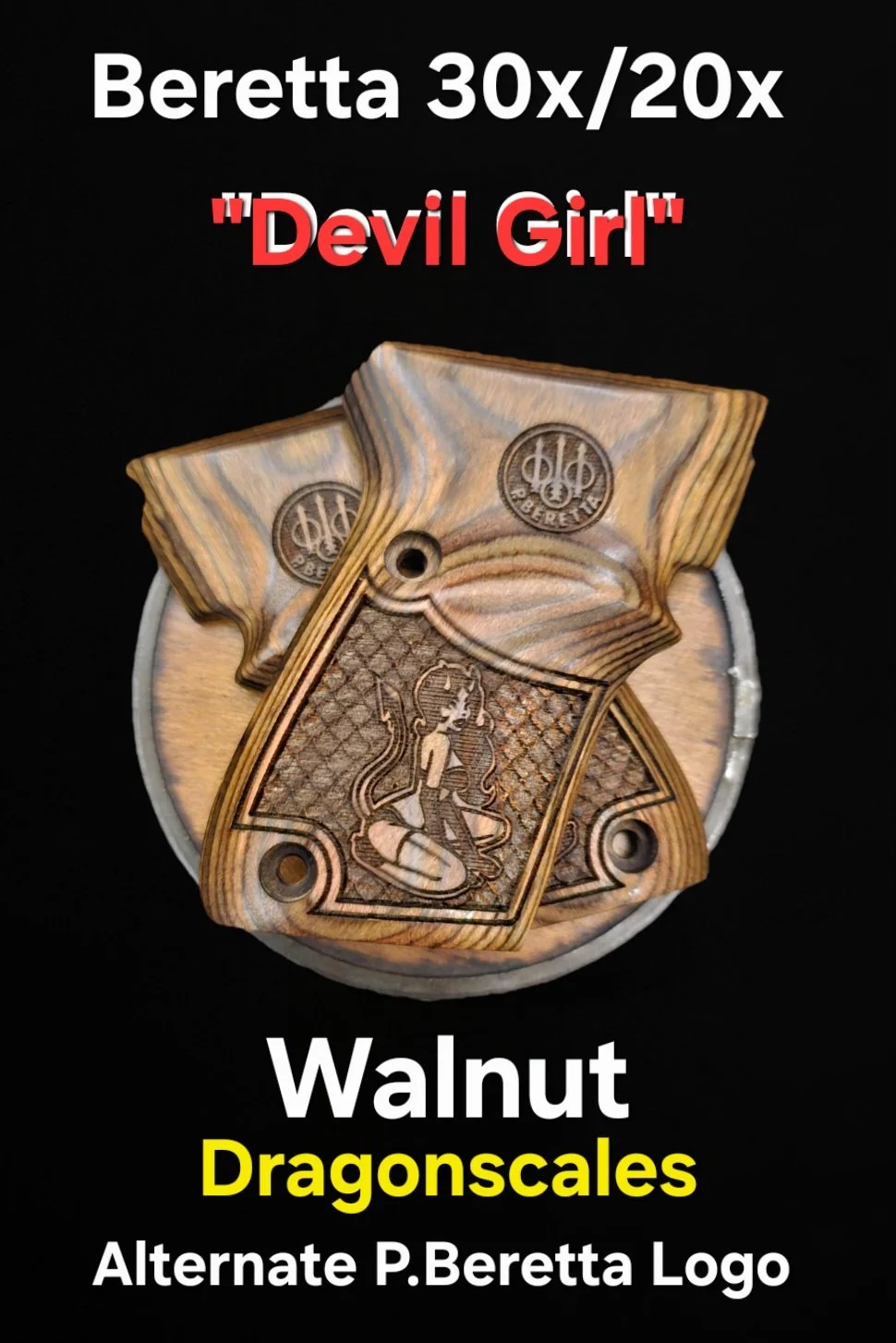 Beretta 30x/20x Tomcat/Bobcat Grips Mini Dragonscales with inset "Devil Girl" Optional Custom Trident Logos or Medallions • All Colors
