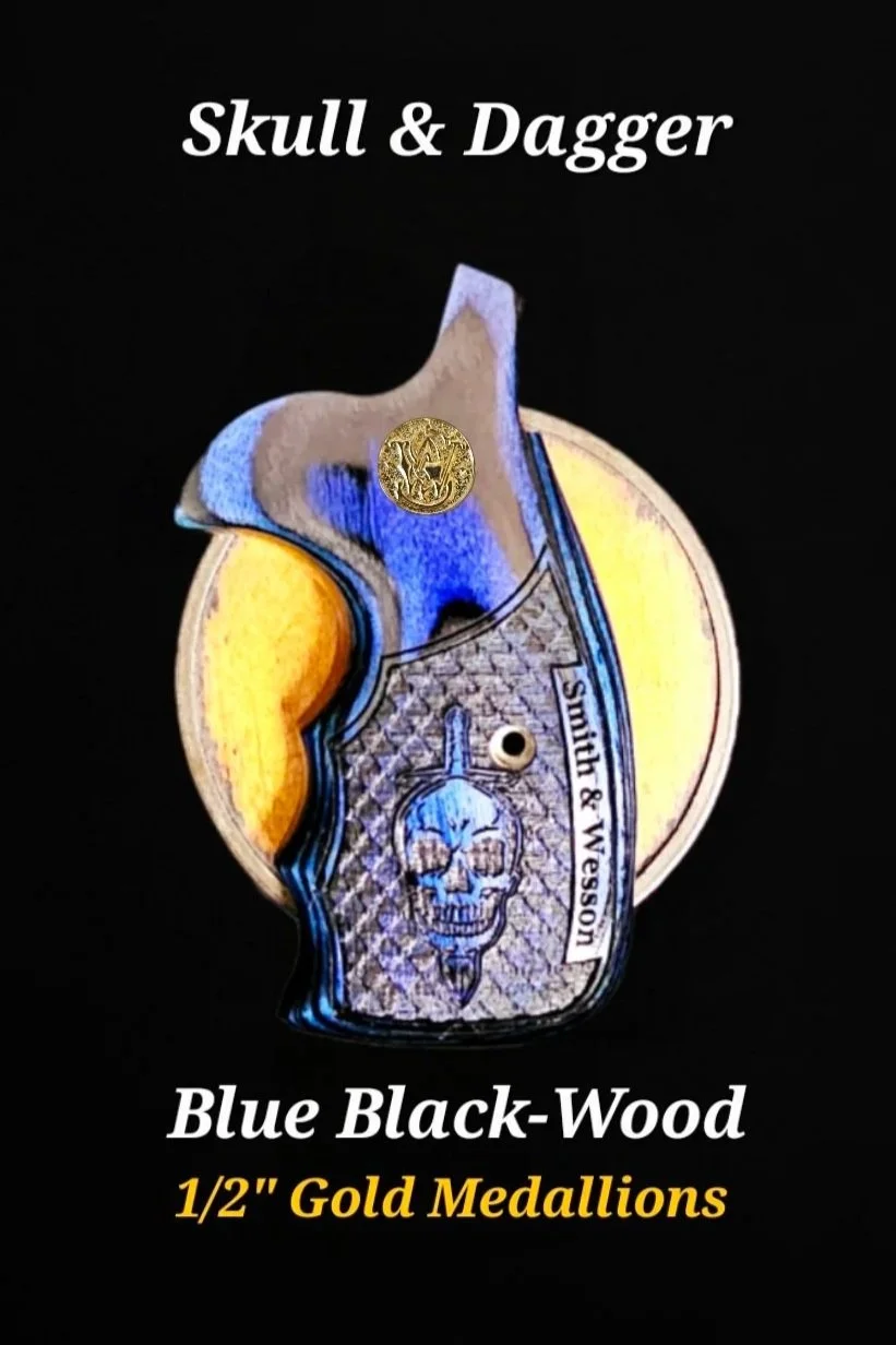 Smith & Wesson K/L/X/Z Frame Round FGT Fingergroove Carry Grips "Skull & Dagger" Dragonscales Print Logo • Blue Black-Wood