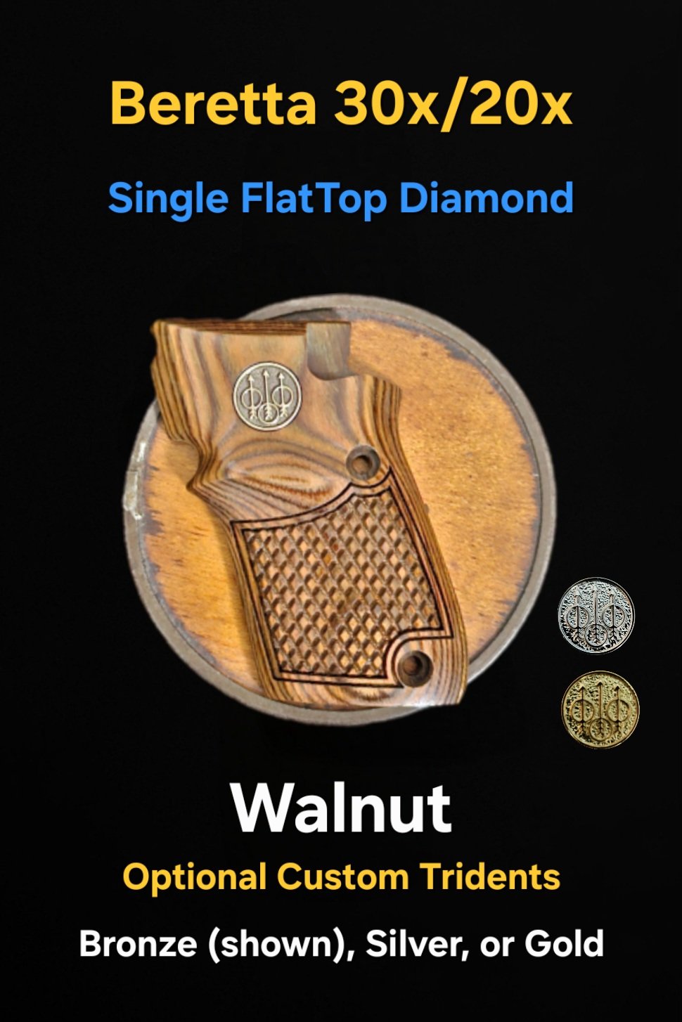 Beretta 30x/20x Tomcat/Bobcat Grips FlatTop Diamonds Optional Custom Trident Logos or Medallions • All Colors