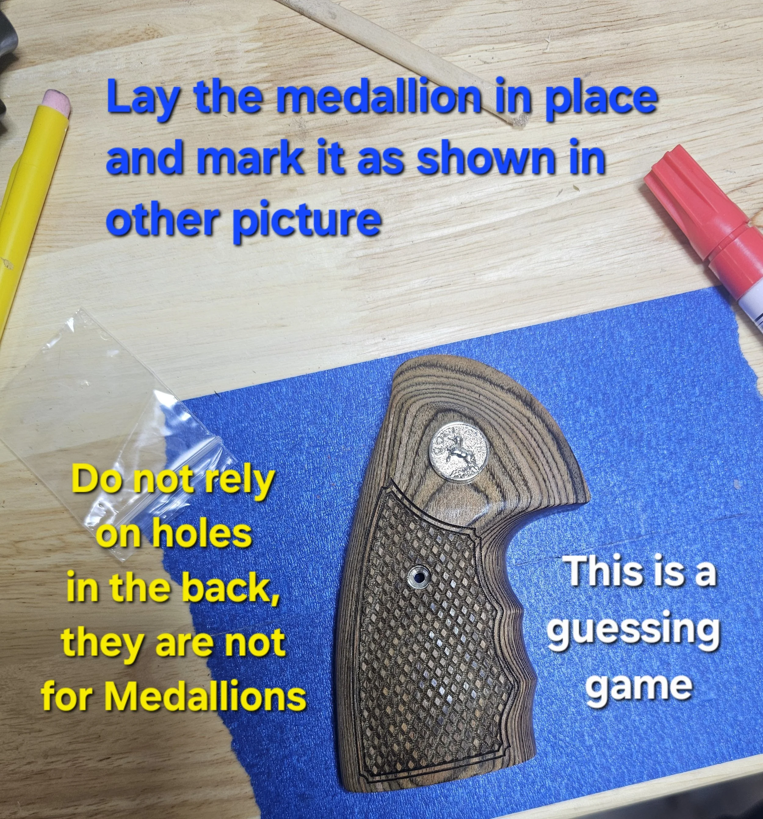 A wooden surface with various colorful and metallic objects, including a gold coin, a red highlighter, and a yellow marker. Overlaid text explains how to place a medallion and features instructions and a question about a game.