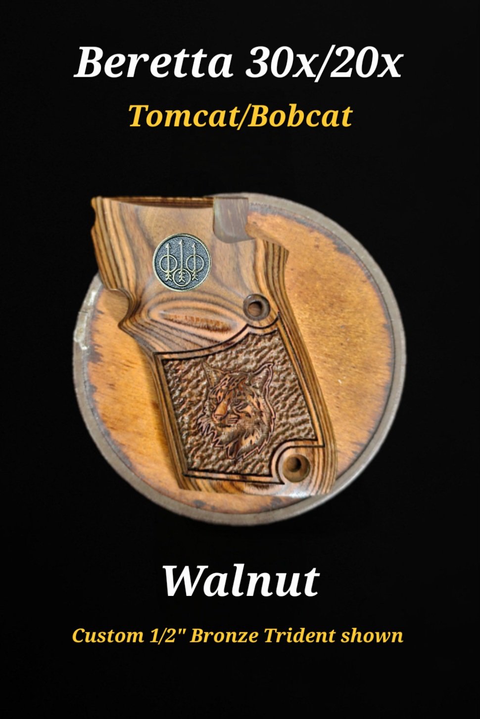 Beretta 30x/20x Tomcat/Bobcat Grips Aggressive Stipple with inset "Bobcat" Custom Trident Logos or Medallions • All Colors