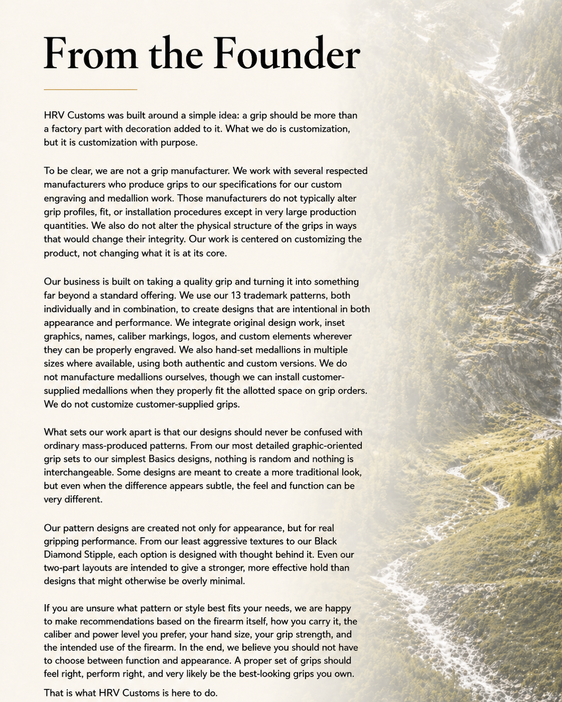 Text heading titled 'From the Founder' with several paragraphs explaining the company's focus on custom grip manufacturing and design.