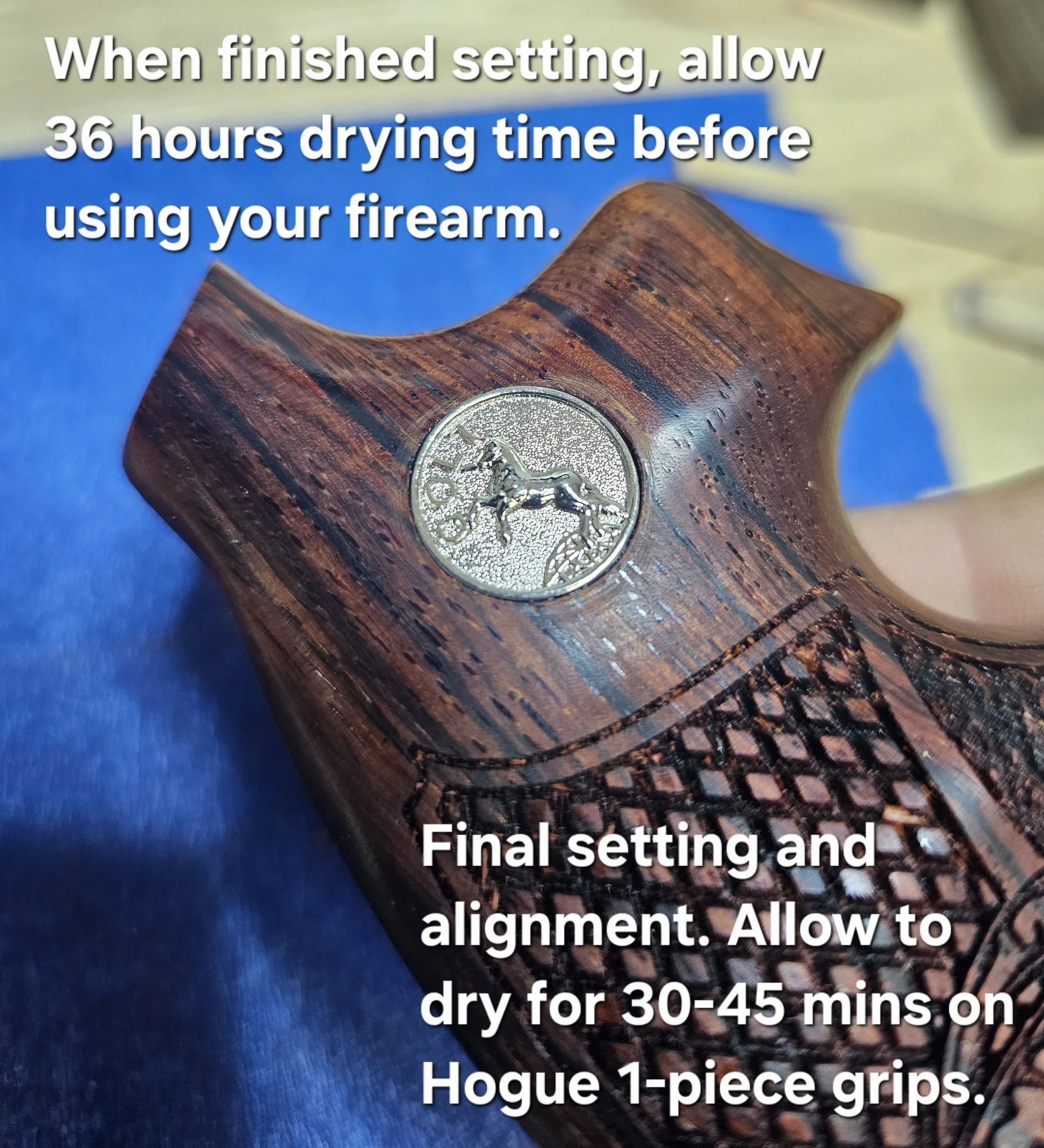 Close-up of a wooden bow with a metal lion emblem and a blue backdrop, with overlaid instructional text.