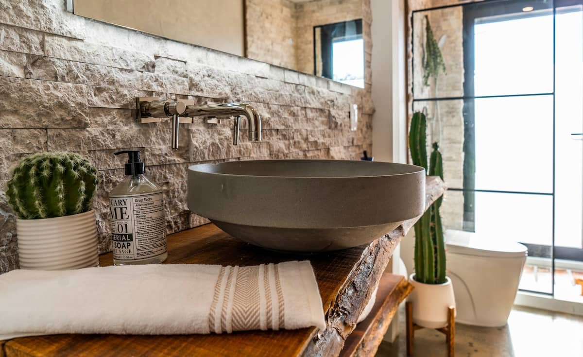 Rustic bathroom vanity and shower
