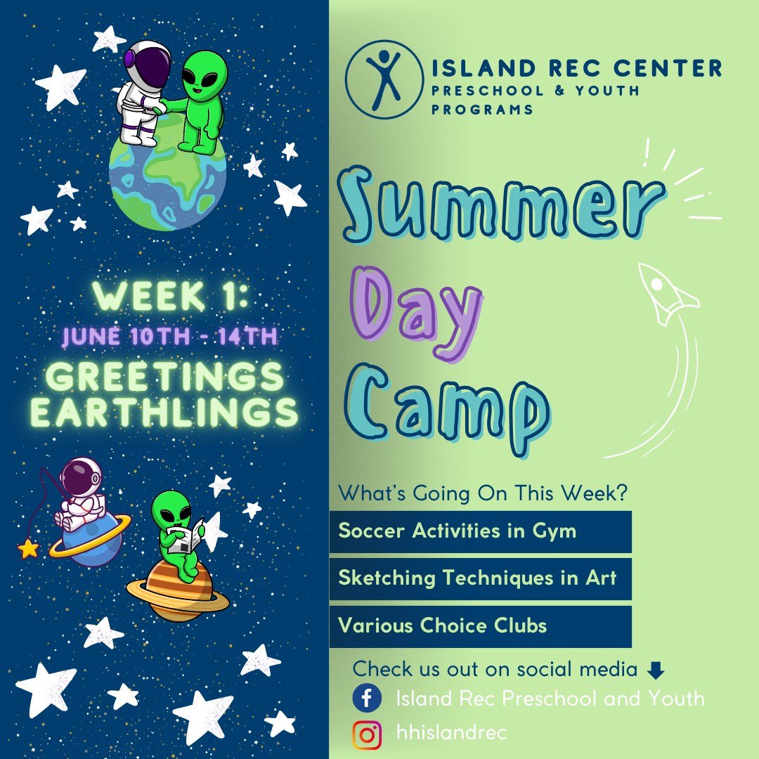 Less than 60 days until the start of our SOLD OUT all-day Summer Camp. Look at their stellar plans for week one!👽🚀🖖

Still looking for summer activities? Check out our summer sport camps: islandreccenter.org/summer-sports