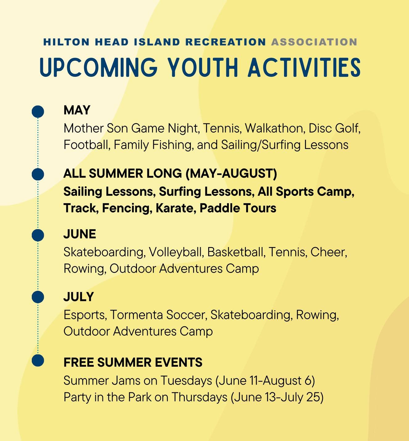 An overview of upcoming youth activities! Does anything look interesting? Check it out on our website: islandreccenter.org/summer-sports