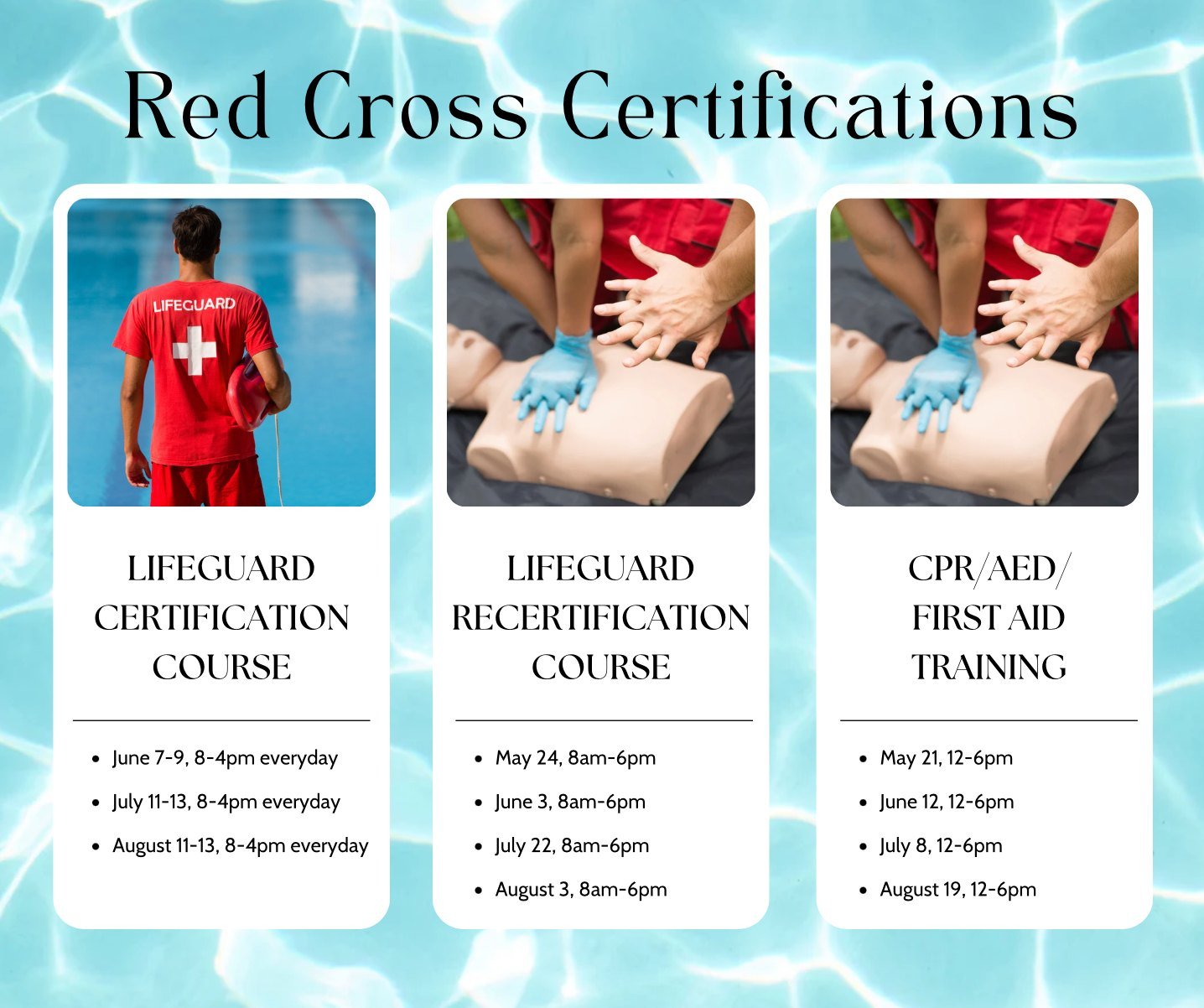 🚨Keep your Summer safe! Take a look at our upcoming Rec Cross Certifications. Learn more and register: islandreccenter.org/red-cross-certifications