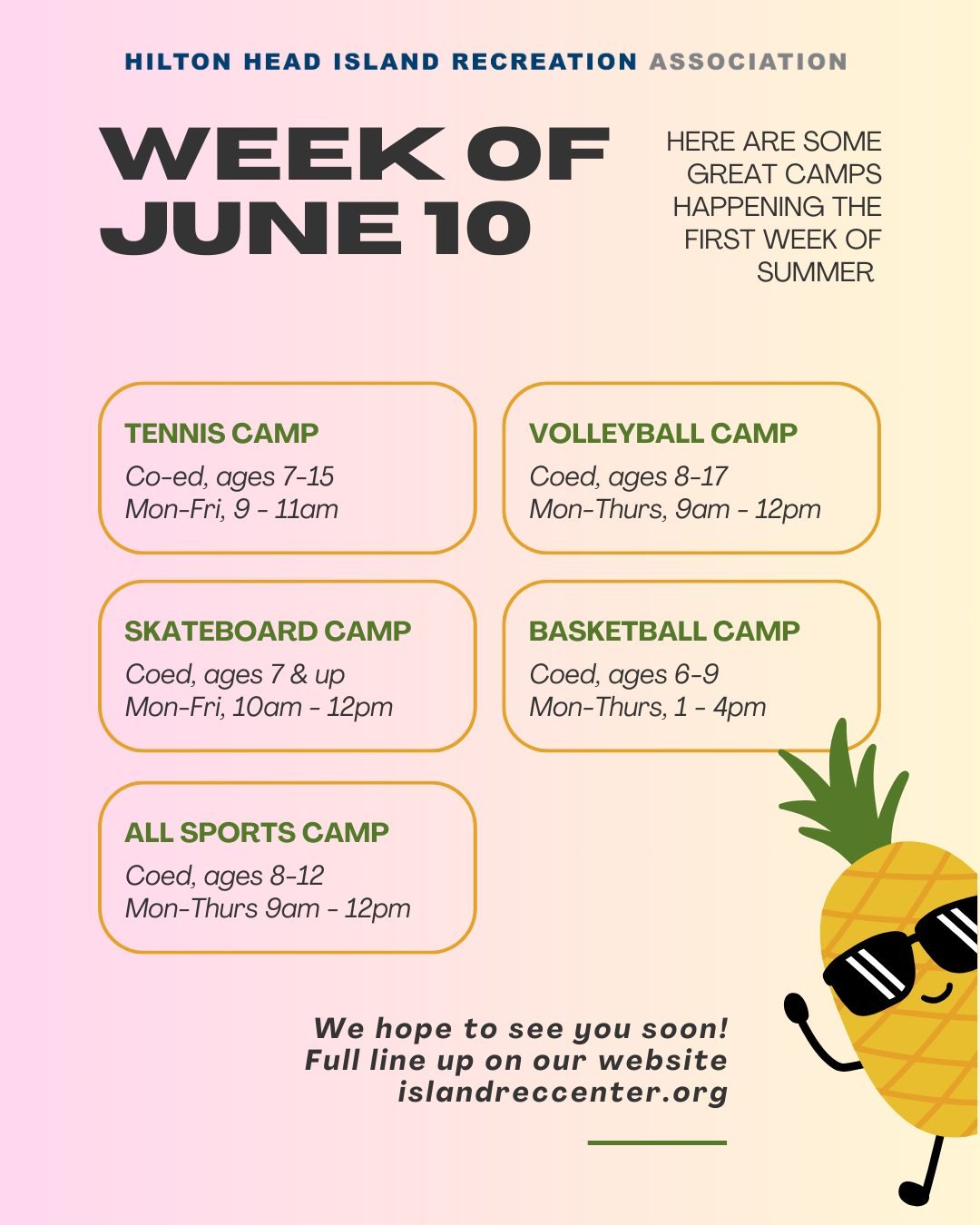Time is flyingggggg by and we are ready for it! Check out the camps we are offering the first week of summer. For more details and to register: islandrecenter.org/summer-sports
