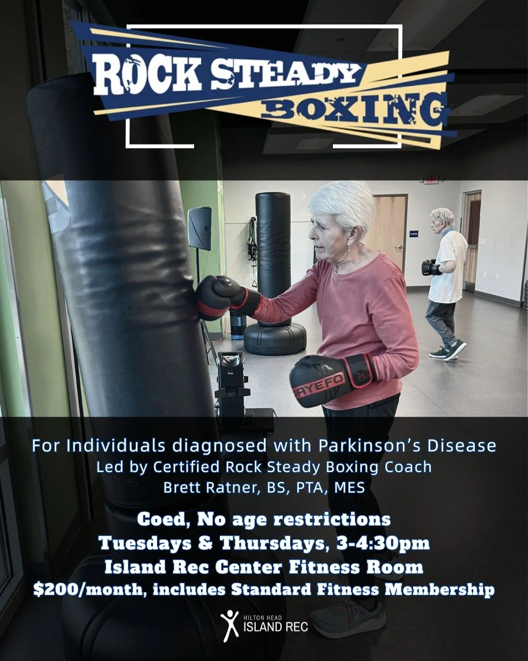 🥊 Rock Steady Boxing is here at the Island Rec Center!
This empowering fitness program is designed for individuals diagnosed with Parkinson&rsquo;s Disease and is led by Certified Rock Steady Boxing Coach, Brett Ratner, BS, PTA, MES.
🗓 Tuesdays &am