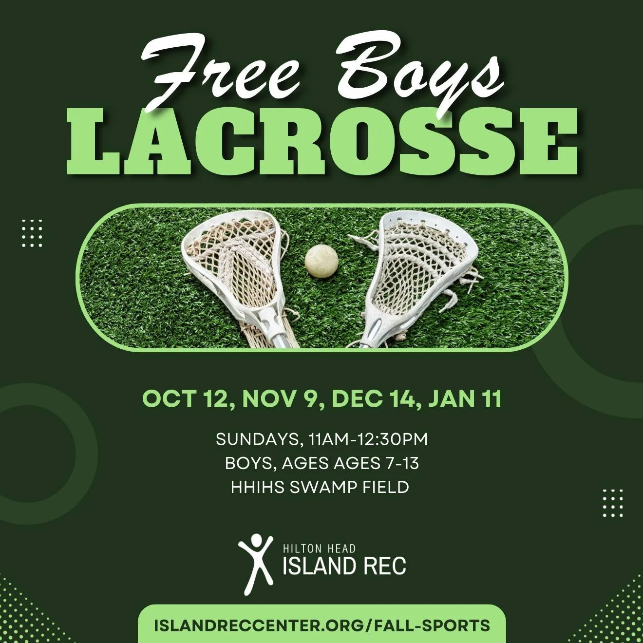 Let get our youth lacrosse going! FREE clinics through the end of the year for boys in grades 2-8 (ages 7-13). islandreccenter.org/fall-sports