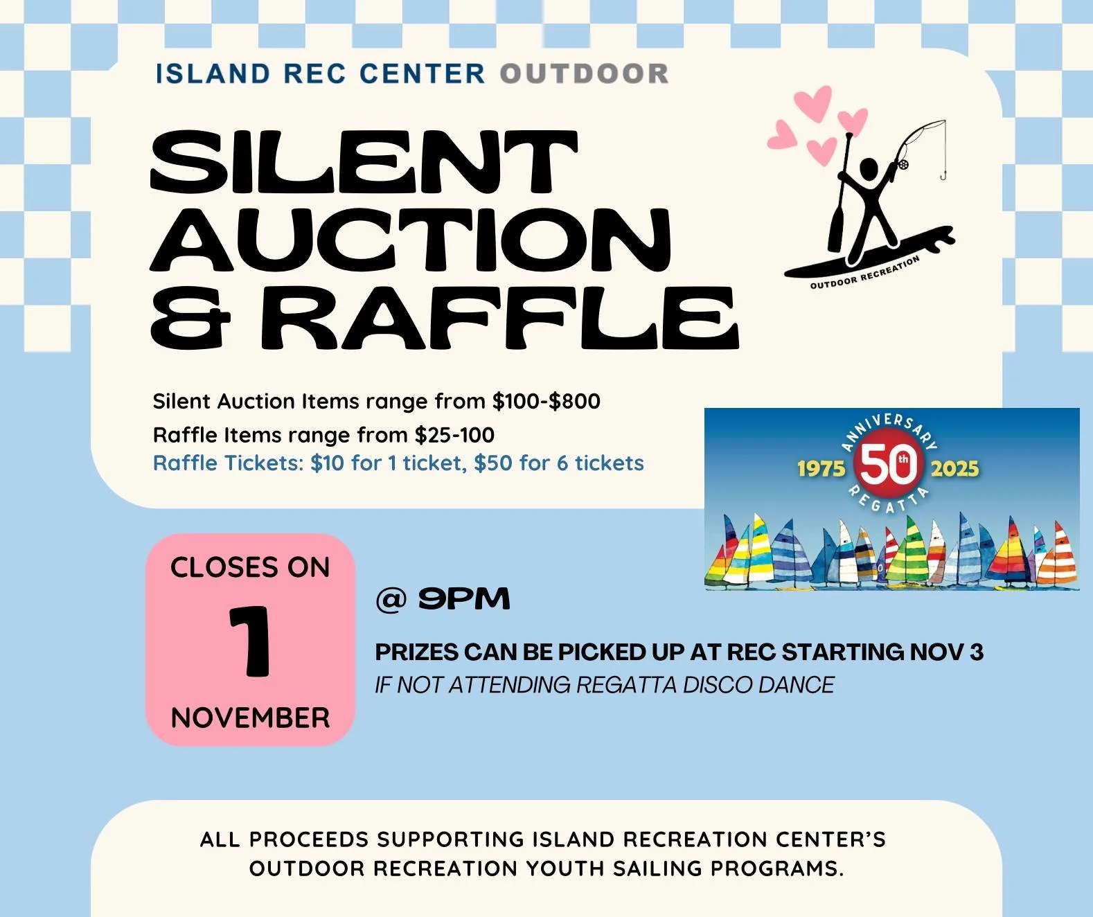¡Echa un vistazo a nuestro Departamento de Recreación al aire libre impresionante subasta silenciosa y rifa! Para celebrar el 50 aniversario de la regata multicasco de HHI, Outdoor Rec ofrece fantásticos premios para pujar... ¡todos a beneficio de nuestros programas de vela! 
Visita la
