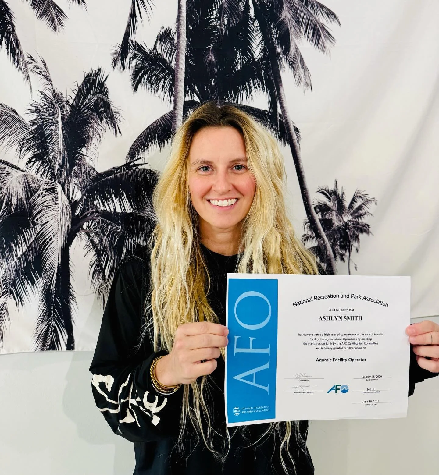 Congratulations to Ashlyn on passing her Aquatics Facility Operator Certification! The AFO certification provides the most comprehensive and up-to-date training on operations, mechanical systems, water chemistry, disinfection, safety and much more. ?