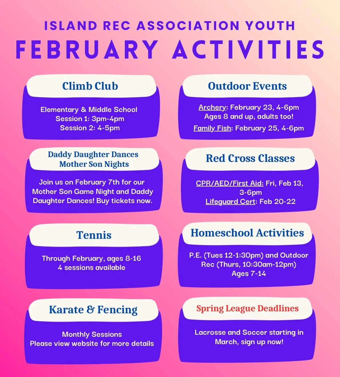 Quick look at the month ahead! Beat the cold weather slump and keep your kiddos engaged and active: islandreccenter.org/spring-sports