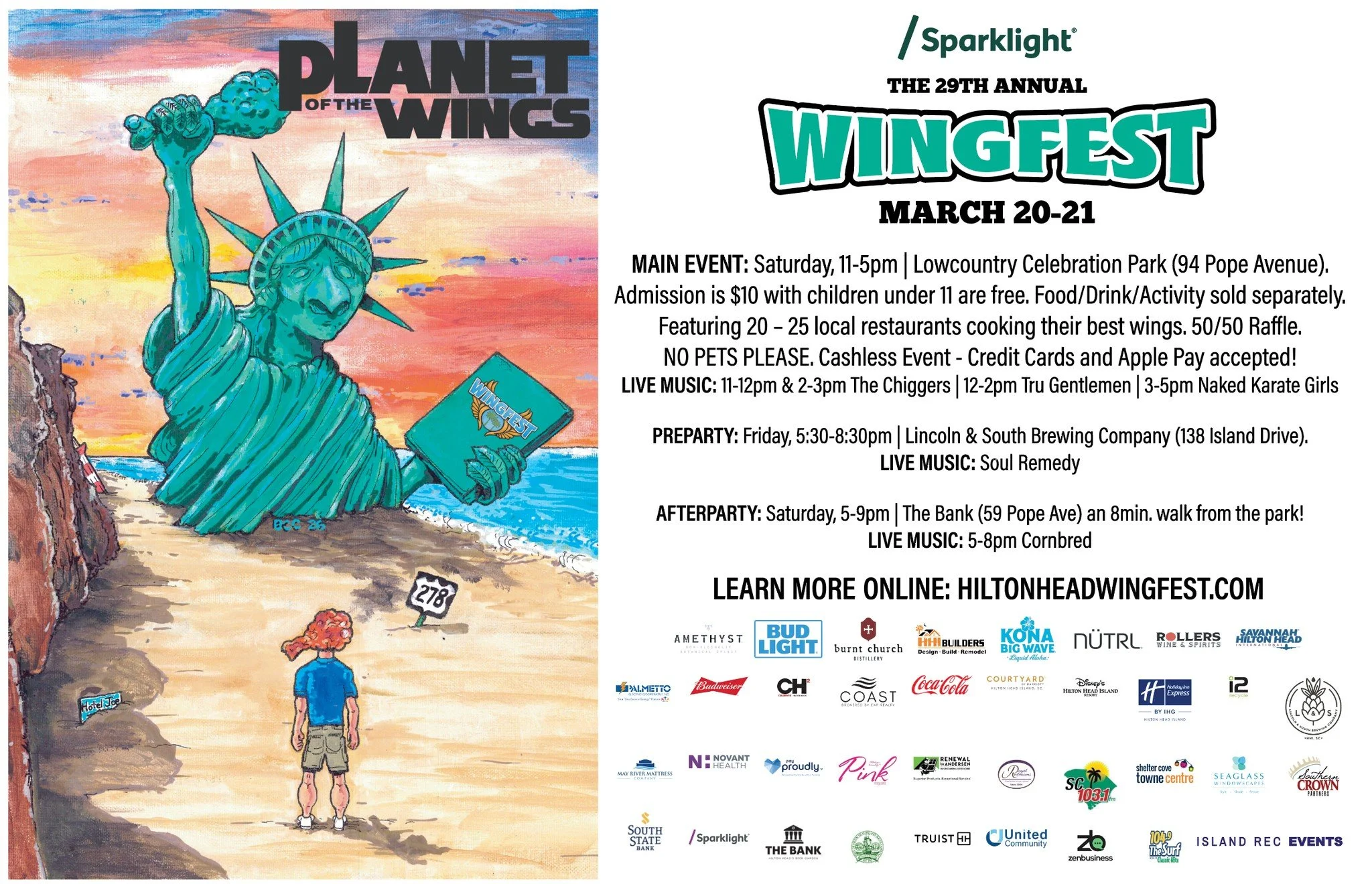 Welcome to Planet of the Wings 🍗🌎
Where flavor rules&hellip; and napkins are your only defense.
Do you know your plans for March 21st? If so, it's the last day to grab your discounted tickets! Use code HHLOCALS15 for 15% your order: hiltonheadwingf