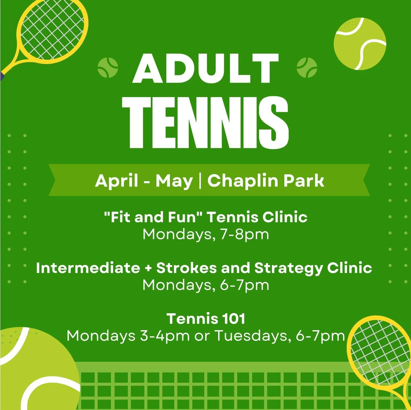 It's the perfect time to brush up on your game or learn a life-long sport! Adults tennis is open to ages 18 and up. Learn more and sign up: islandreccenter.org/tennis