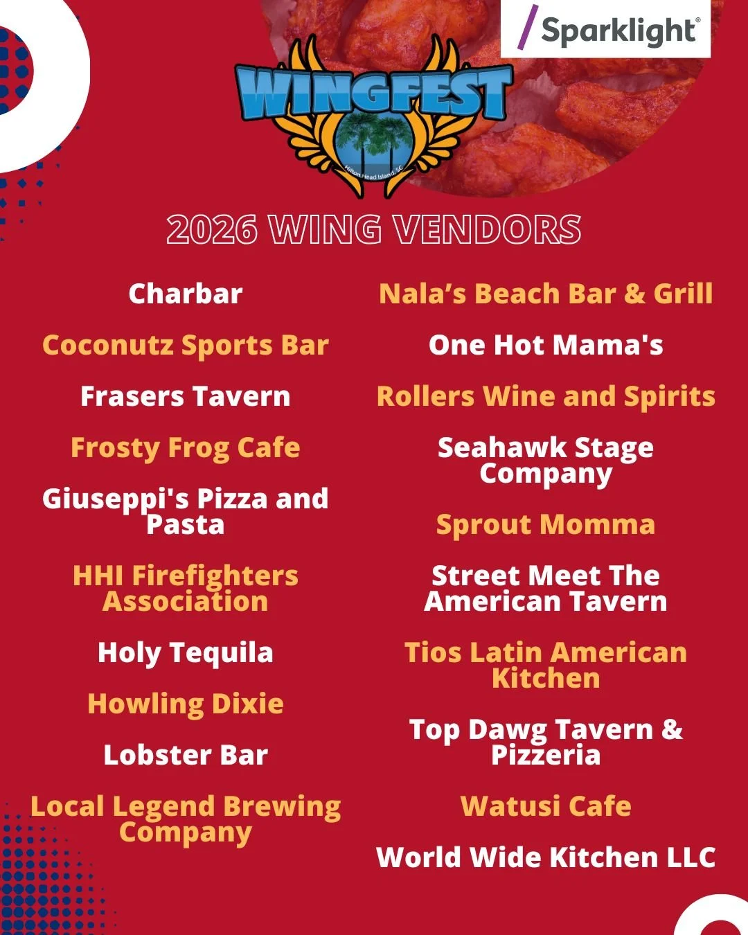 Wingfest 2026 Vendor Lineup is HERE! 🍗 🔥 
We&rsquo;ve got an amazing mix of local restaurants, food vendors, and favorites ready to serve up their best.
📅 March 21, 11am&ndash;5pm
📍 Lowcountry Celebration Park