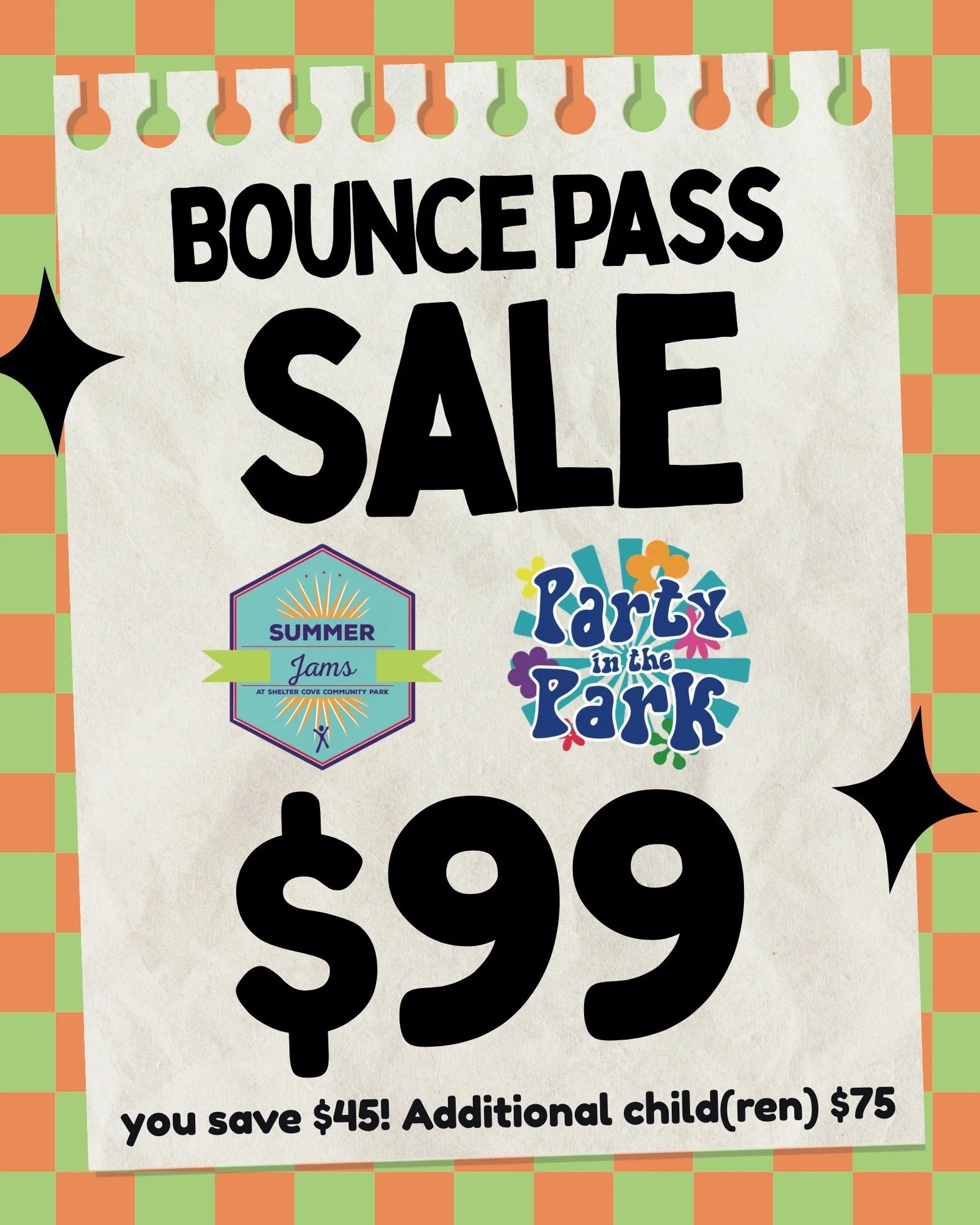 ☀️ Summer Bounce Pass is HERE! 🎉
Enjoy all 12 bounce house events this summer at Summer Jams and Party in the Park for just $99. That&rsquo;s only $8.25 per visit and a $45 savings compared to retail. Even better, if you come to just 8 events, the p
