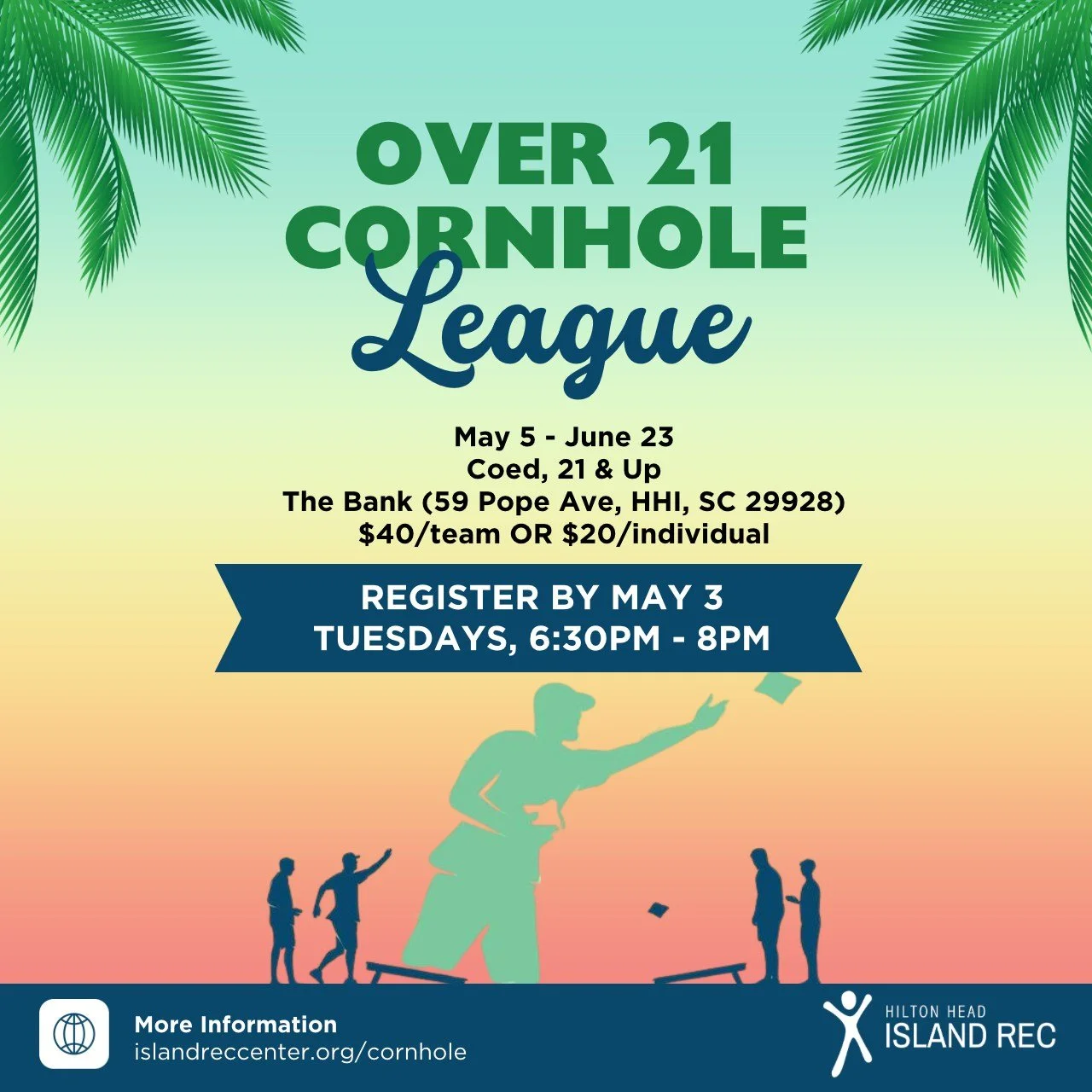 Good news! We've opened our Cornhole League up to individuals! Don't have a partner? No problem, sign up for $20 and we will pair you with someone: islandreccenter.org/cornhole