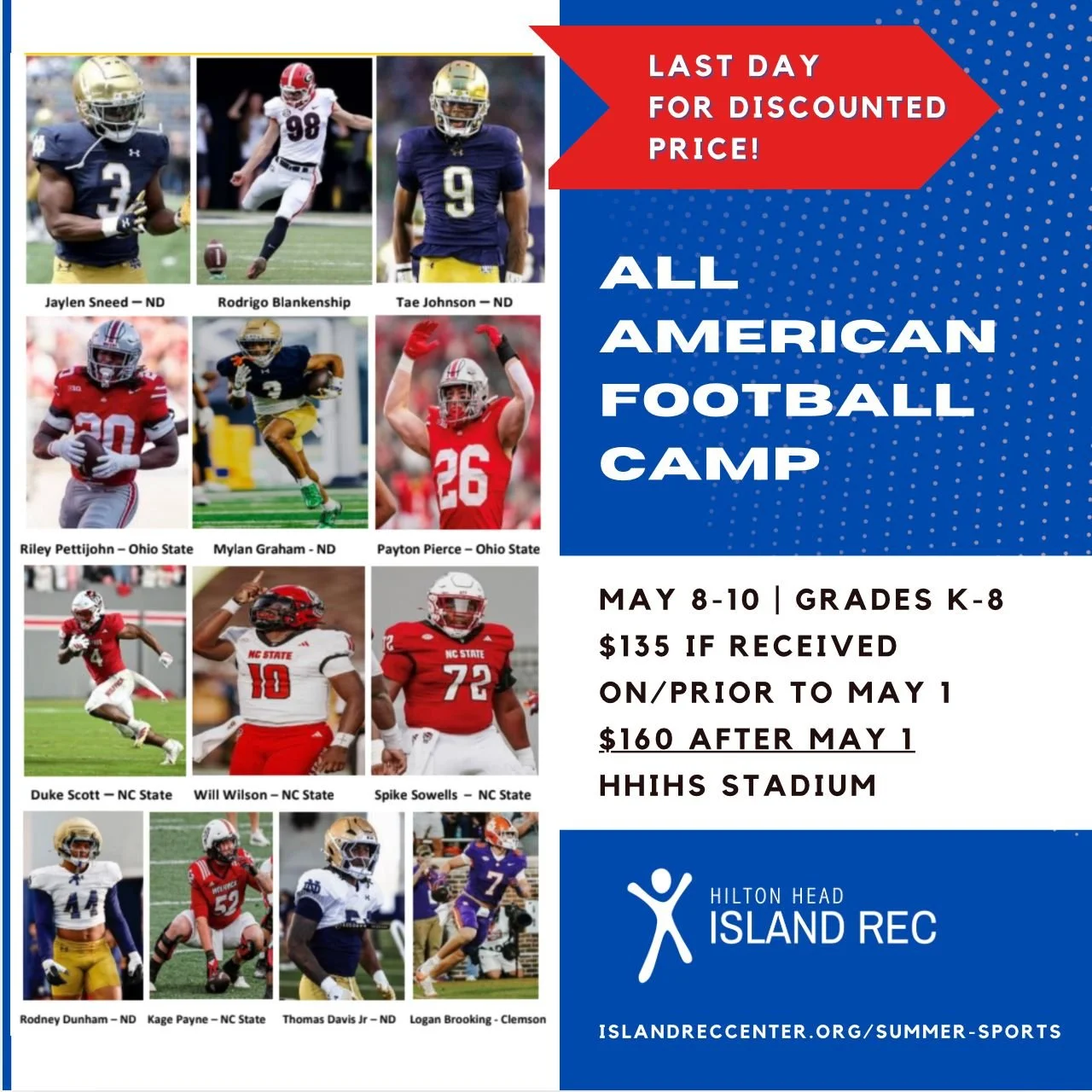 The pros are coming 🏈 🇺🇸 and it's the last day for discounted sign up! islandreccenter.org/summer-sports