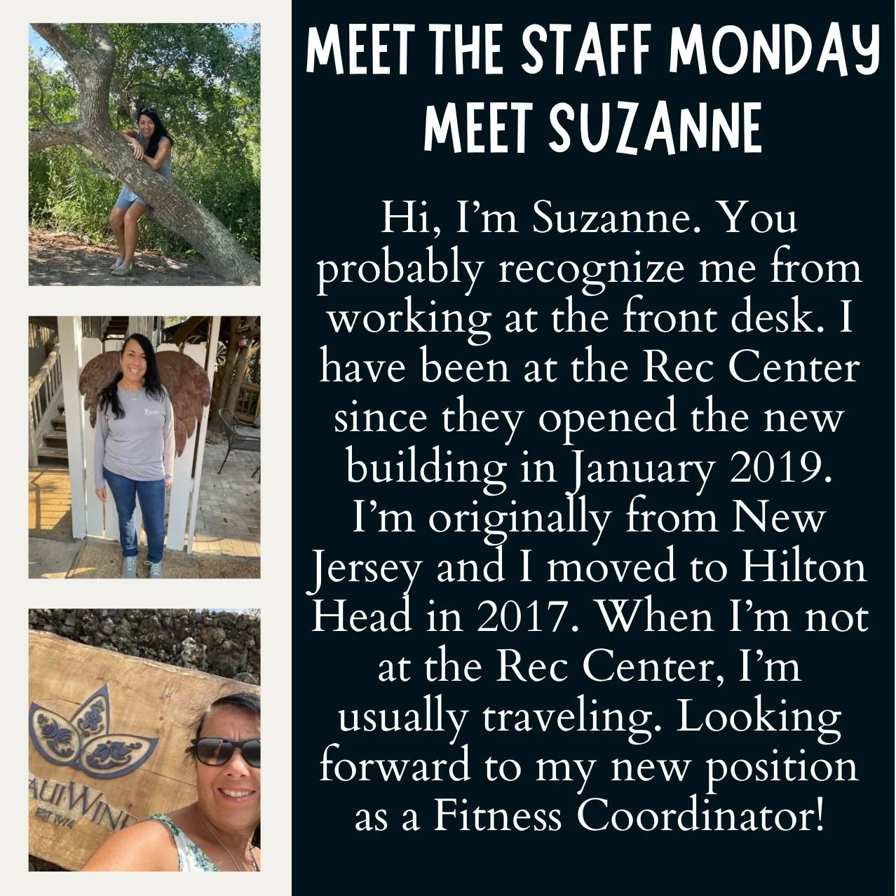 A special edition of Meet the Staff Monday! Long time front desk staffer, Ms Suzanne, is now our Fitness Coordinator! Congrats 🎉
