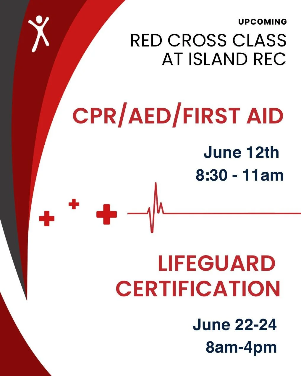 Our next Adult and Pediatric CPR/AED/First Aid is June 12th! An online portion of the course MUST be completed BEFORE the in-person sessions or else you will not be able to attend the in-person part of the course. islandreccenter.org/red-cross-certif