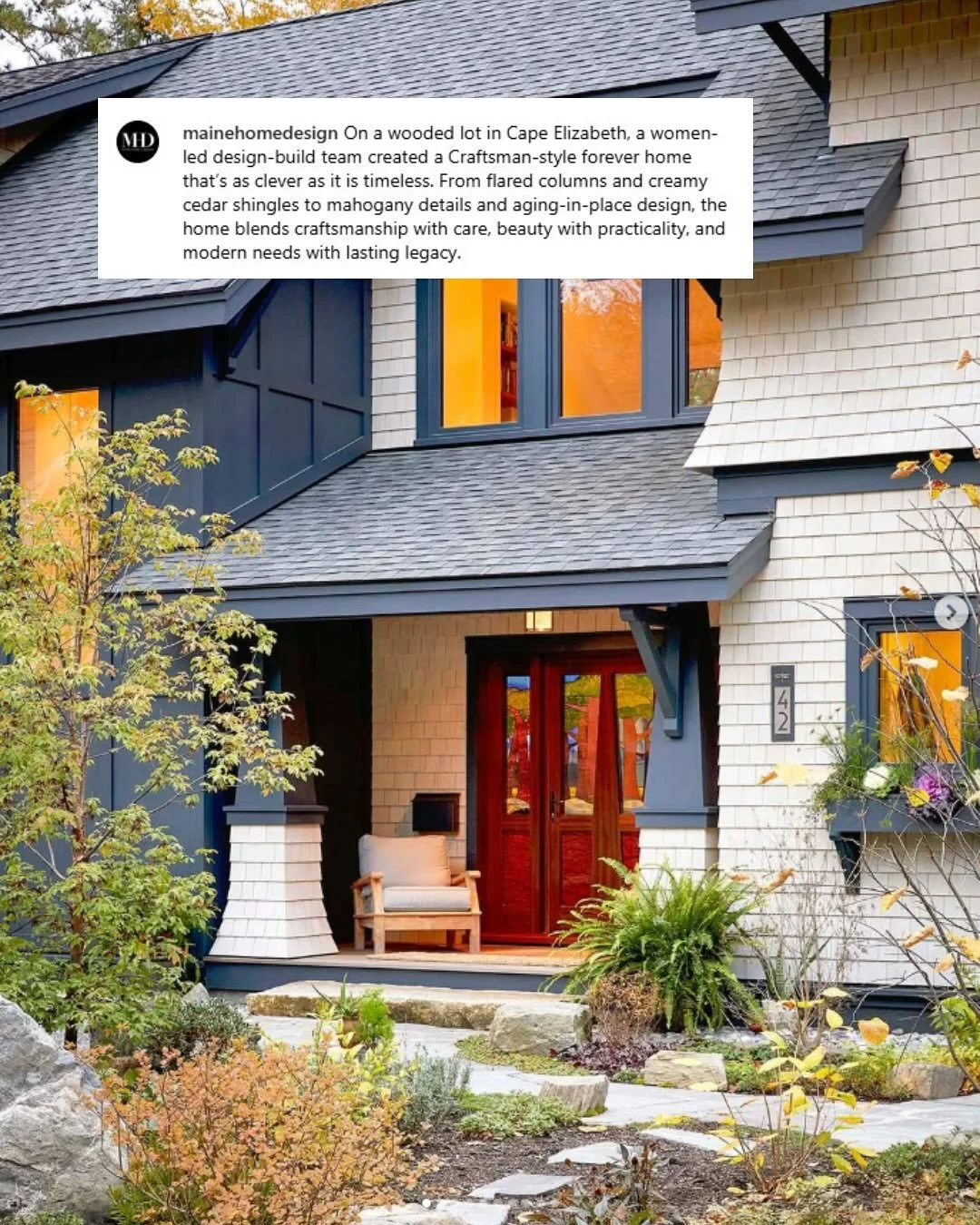 Repost from @mainehomedesign
On a wooded lot in Cape Elizabeth m, a women-led design build team created a Craftsman-style forever home that’s as clever as it is timeless. From flared columns and creamy cedar shingles to mahogany details and ag