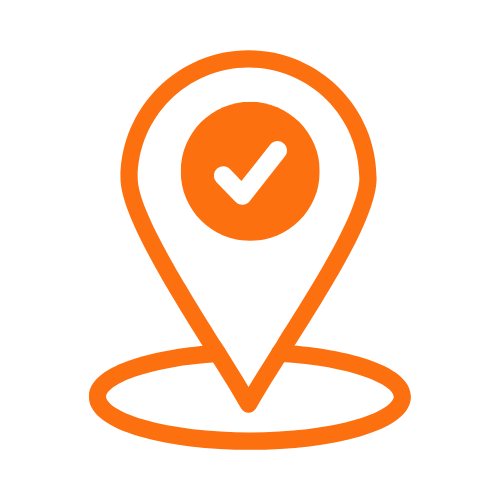 An orange location pin icon with a checkmark inside.