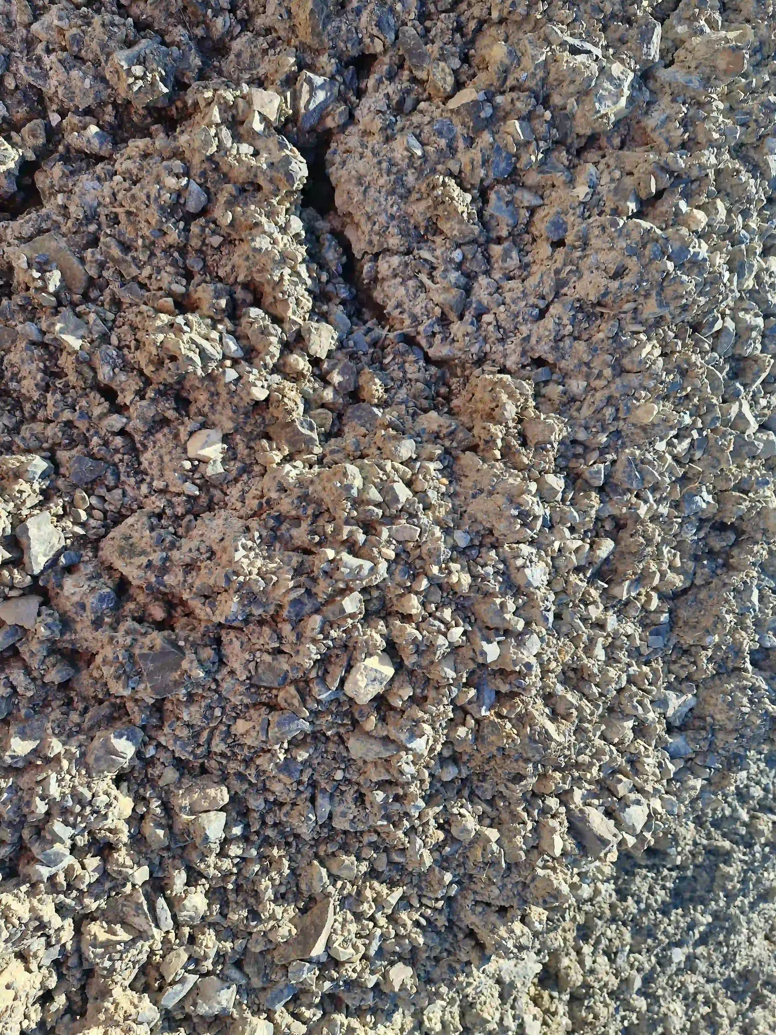 SQN GeoSciences Disposal to Land Close-up of dry, rocky soil with small stones and dirt.