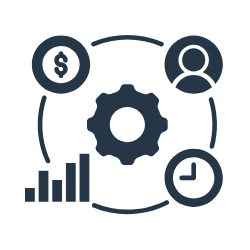 Icons representing finance, user, growth analytics, clock, and settings connected in a circular flow.