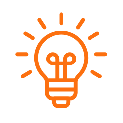SQN GeoSciences Icon Orange outline of a light bulb with rays emanating from it, symbolizing an idea or innovation.