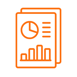 SQN GeoSciences Icon Orange outline of a report with a pie chart and bar graph.