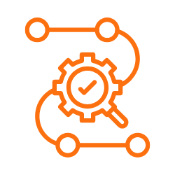 SQN GeoSciences Icon  Icon of a gear with a checkmark inside, connected to lines and circles representing technology or process validation.