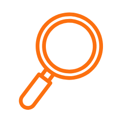 SQN GeoSciences Icon  An orange magnifying glass icon on a white background.