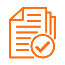 SQN GeoSciences Icon of a stack of documents with a checkmark inside a circle in front.