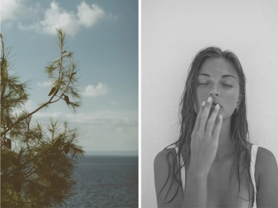 Side-by-side image with a tree and ocean scene on the left, and a woman with wet hair and closed eyes smoking on the right.