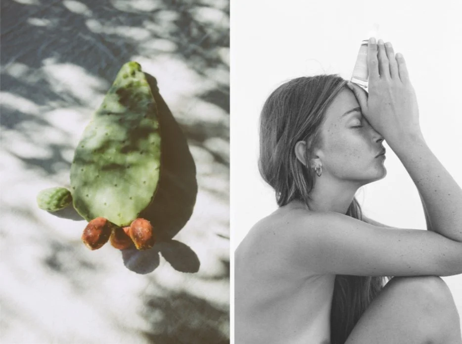 Split image showing a cactus on the left and a woman sitting with her eyes closed on the right, touching her forehead with her hand.