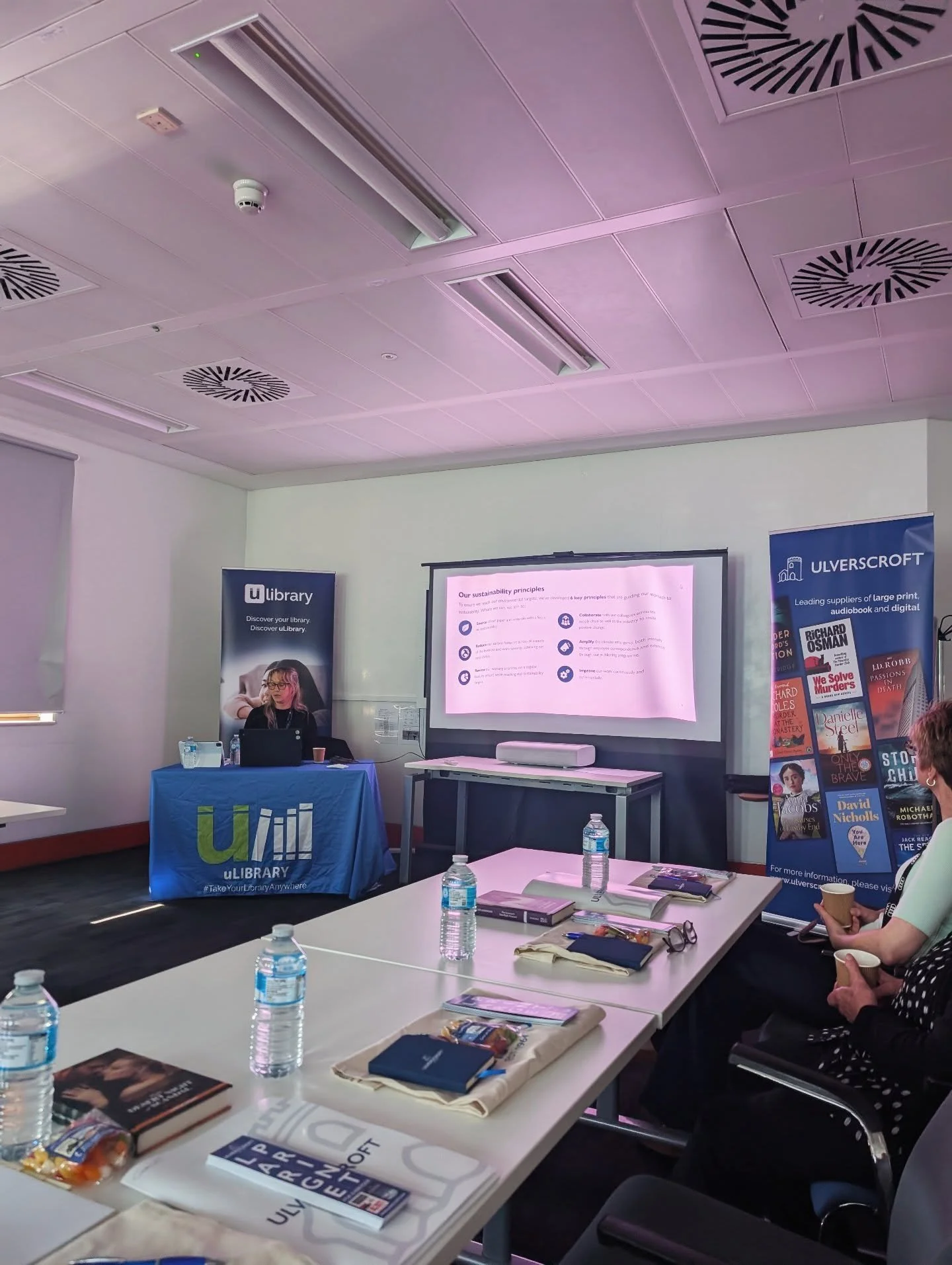 I failed to take any photos of myself, @christymckellen or the lovely librarians at today's @ulverscroftltd roadshow event at Cardiff Central Library, but I did take one of the fabulous Roxy when she was talking about Ulverscroft and their range of l