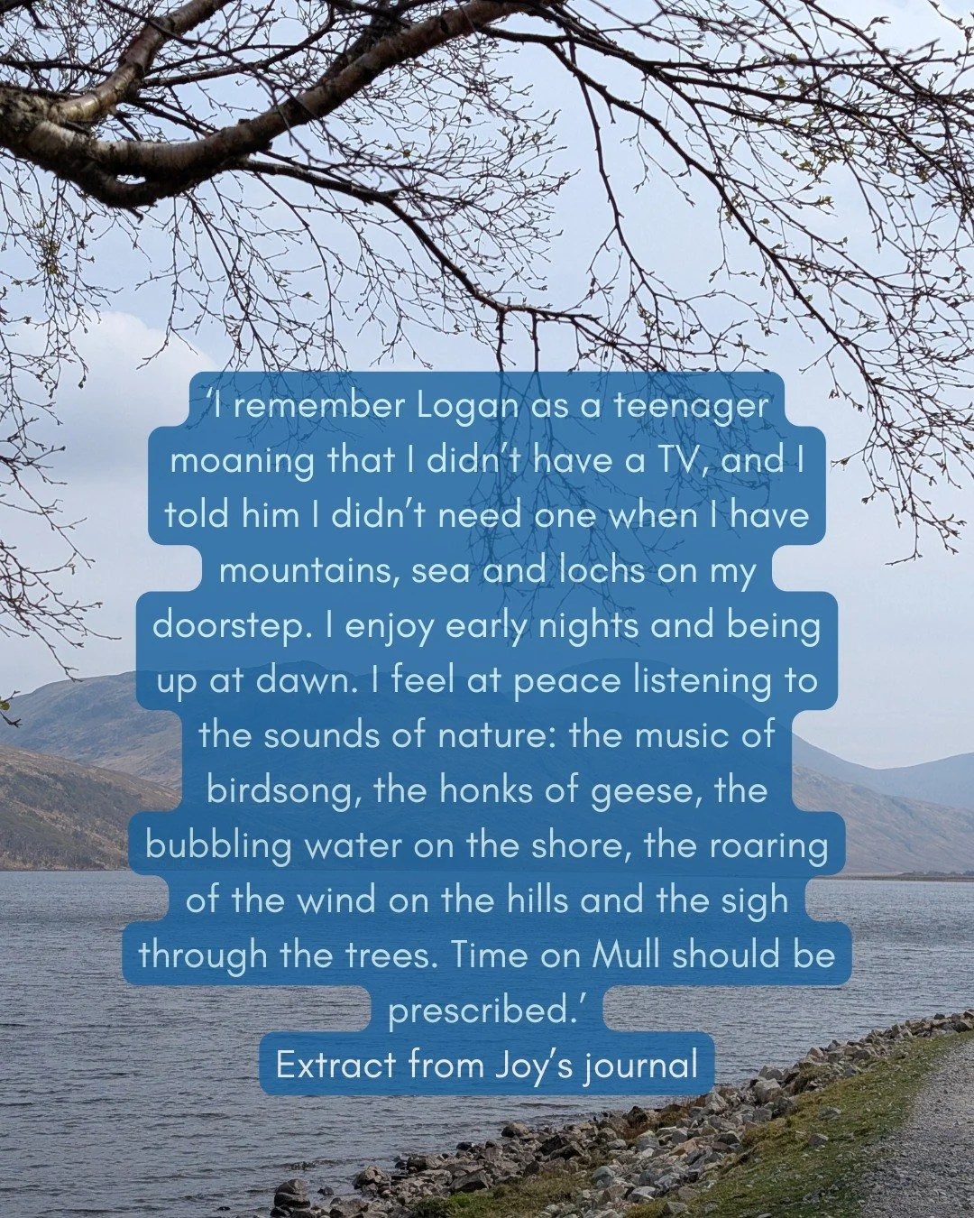 Each chapter of One Scottish Summer opens with a journal extract from either the main character Tilly, but mostly from Joy, a woman who stayed living on the Isle of Mull despite heartache at losing her beloved husband when he was young. Joy is Tilly'