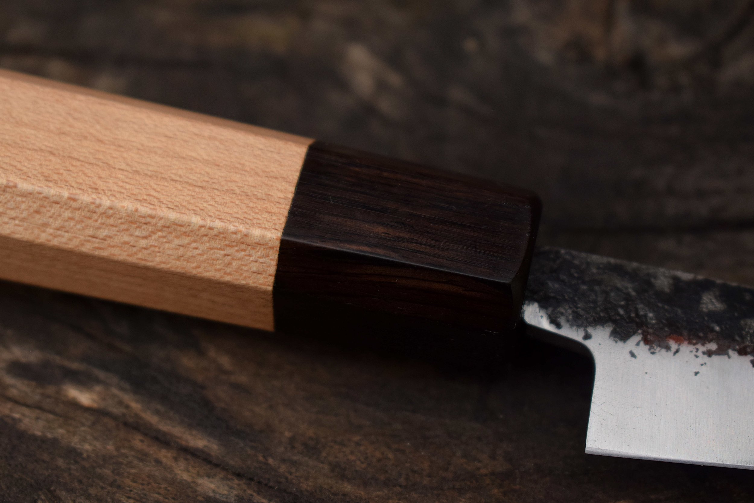 Handmade kitchen knife with maple handle, arashi forge.